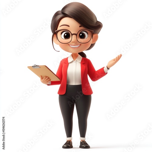 Smiling 3D Cartoon Woman in Red Blazer Holding Clipboard and Gesturing with Open Hand