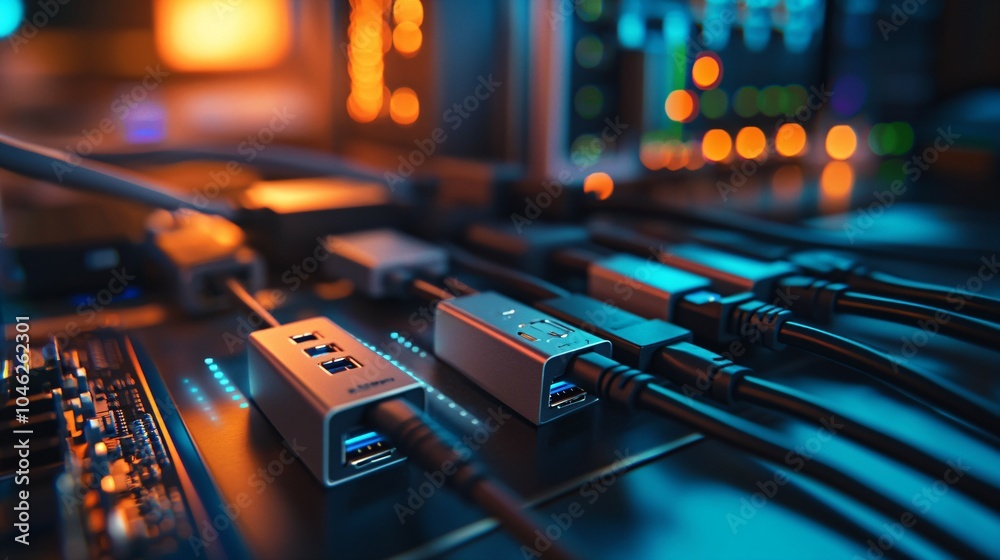 Close-up of a sleek USB hub with multiple ports, connected to various devices, set against a blurred background of electronic gadgets. The USB hub is illuminated by soft, natural light, emphasizing it Close-up of a sleek USB hub with multiple ports, connected to various devices, set against a blurred background of electronic gadgets. The USB hub is illuminated by soft, natural light, emphasizing it