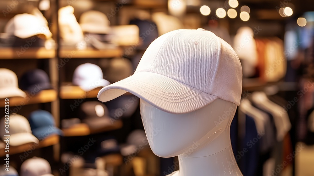 Obraz premium White baseball cap displayed on a mannequin head inside a retail clothing store with warm bokeh background lighting.