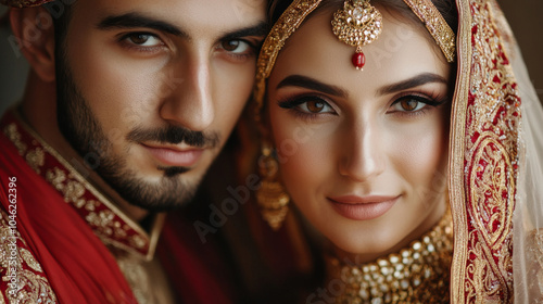 Close-up of a Turkish bride and groom in traditional wedding attire, with rich fabrics, gold jewelry, and cultural details