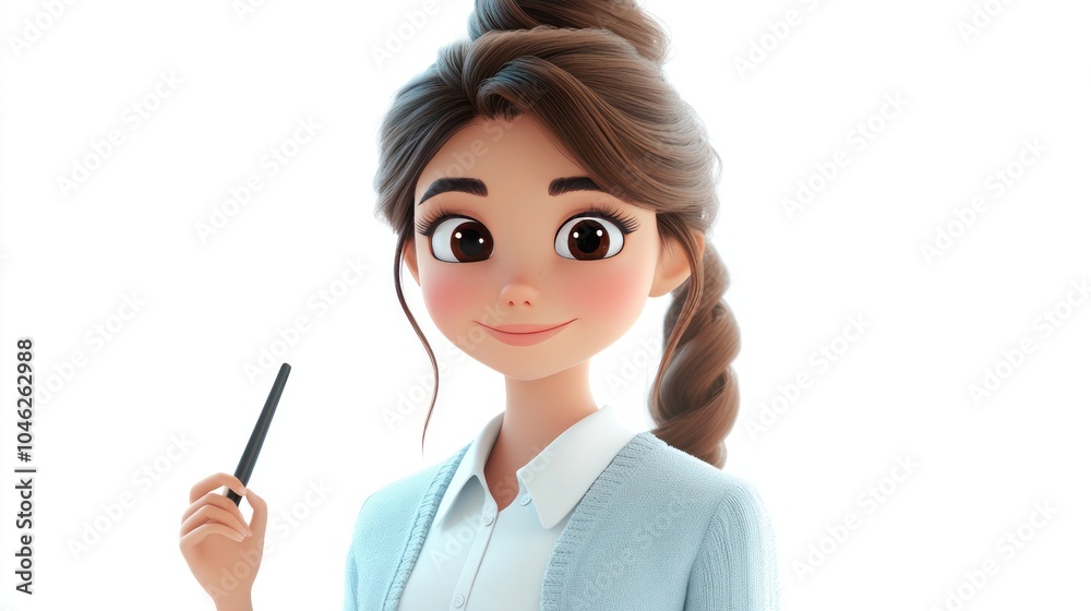 Cartoon Girl with Brown Hair Holding a Black Pen Cartoon Girl with Brown Hair Holding a Black Pen