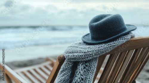 warm hat and knitted scarf are draped over a wooden beach chair,capturing essence of a chilly day by ocean with gentle waves rolling in,copy space photo