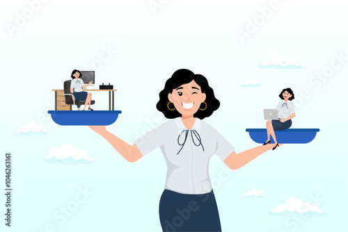 Businesswoman balance between main work and side hustle, side job or side hustle to make money, decision or balance between gig economy and main office work, freelancer or salary man routine concept