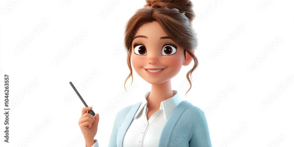 A 3D Cartoon Illustration of a Smiling Woman Holding a Pointer A 3D Cartoon Illustration of a Smiling Woman Holding a Pointer