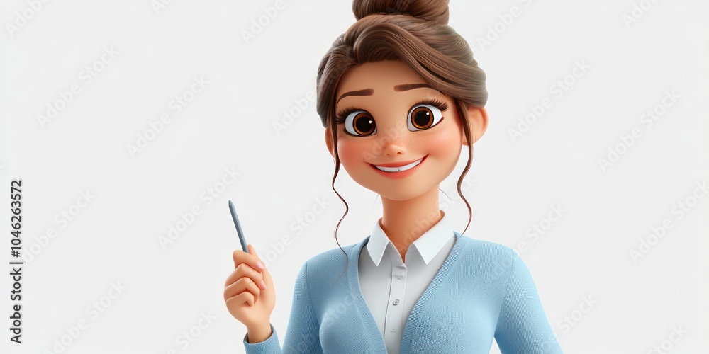 Smiling Cartoon Woman in Blue Cardigan Holding a Pen Smiling Cartoon Woman in Blue Cardigan Holding a Pen