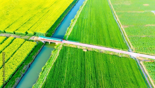 Aerial view of beautiful village with golden rapeseed flowers in Hangzhou's Canal Street. photo