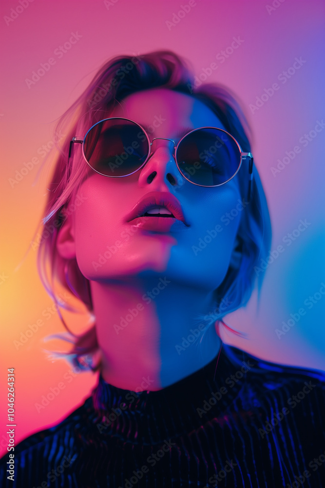 Stylish young woman with blonde hair and round sunglasses on colorful gradient background Stylish young woman with blonde hair and round sunglasses on colorful gradient background