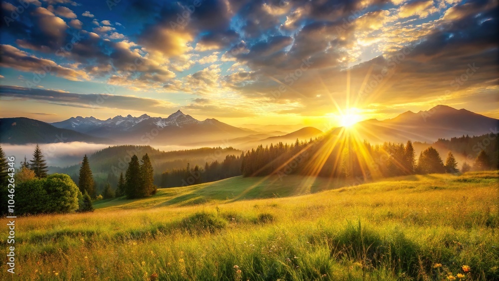 Stunning sunrise over mountains and meadow landscape Stunning sunrise over mountains and meadow landscape