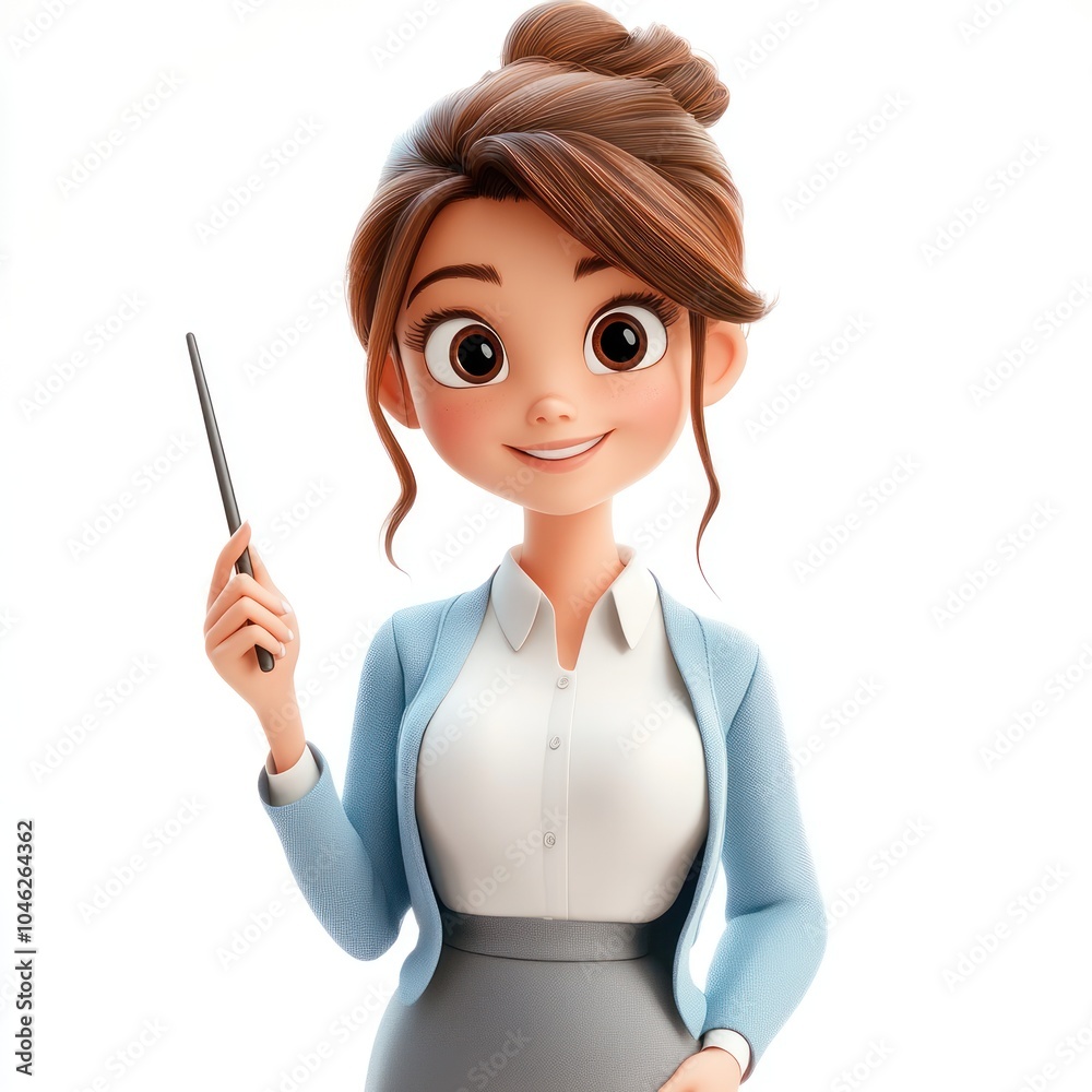 3D Cartoon Woman with Brown Hair in a Blue Blazer and White Shirt Holding a Pointer 3D Cartoon Woman with Brown Hair in a Blue Blazer and White Shirt Holding a Pointer