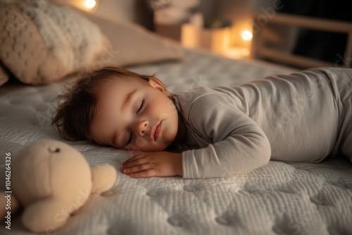 Young child peacefully sleeping on a bed