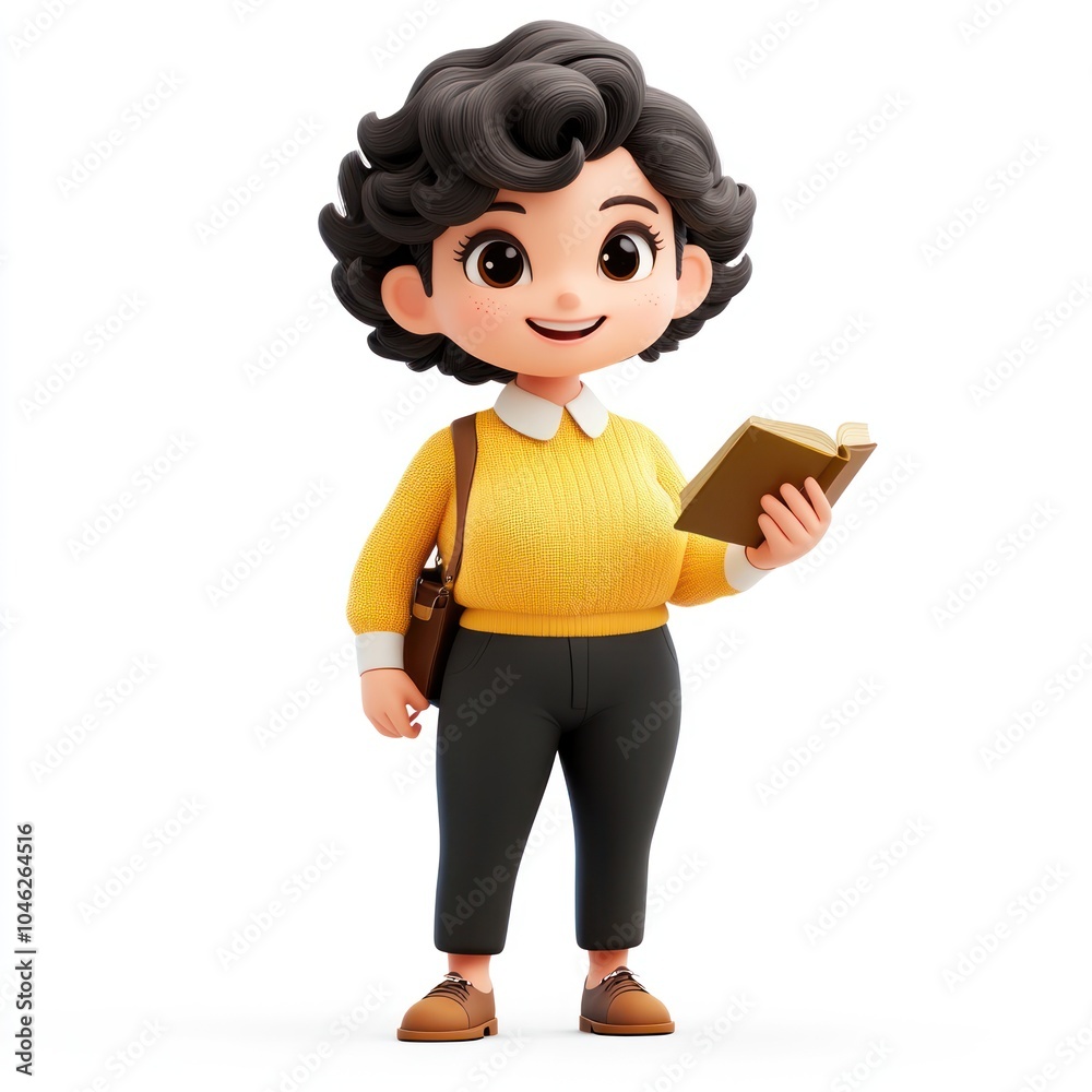 Smiling Cartoon Girl Holding a Book with a Bag on Her Shoulder