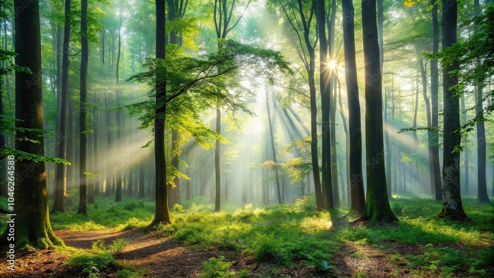 Obraz premium Dense foliage covering the ground with tall trees and a few sunlight peeks through the leaves in a misty forest atmosphere, forest, foliage, woodland, greenery