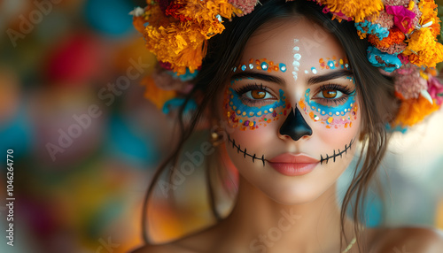 Young girl in makeup for Día de los Muertos. The concept of the holiday tradition on Día de los Muertos.