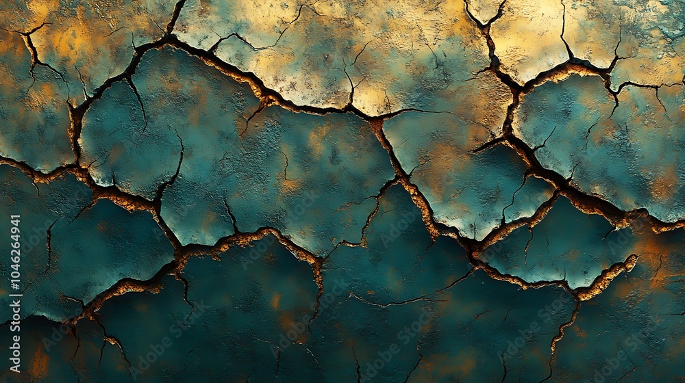 Obraz premium Close-up of cracked, dry, teal and gold surface.