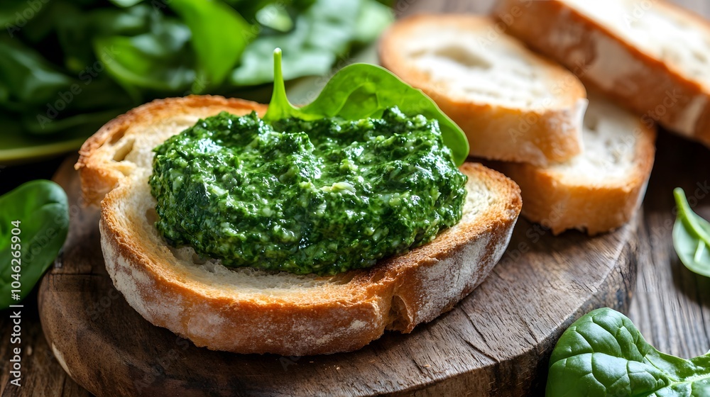 Spinach spread on toasted bread as an appetizer Spinach spread on toasted bread as an appetizer
