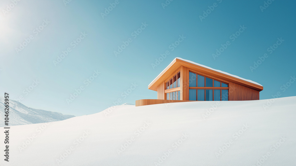 Winter getaways concept,sleek modern wooden cabin sits isolated in a snow-covered landscape,basking in sunlight against a backdrop of mountains on a clear day,copy space Winter getaways concept,sleek modern wooden cabin sits isolated in a snow-covered landscape,basking in sunlight against a backdrop of mountains on a clear day,copy space