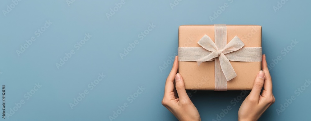 Delicate hands perfecting a bow on a gift box with a custom gigapixel standard for a memorable unwrapping experience
