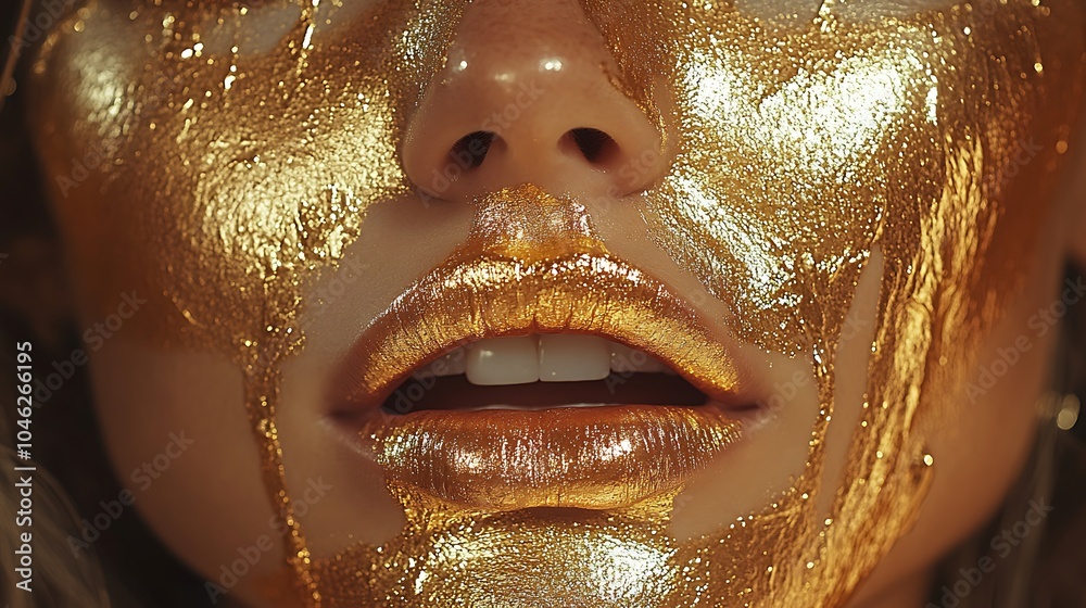 Close-up of a woman's face with gold paint on her skin and lips. Close-up of a woman's face with gold paint on her skin and lips.