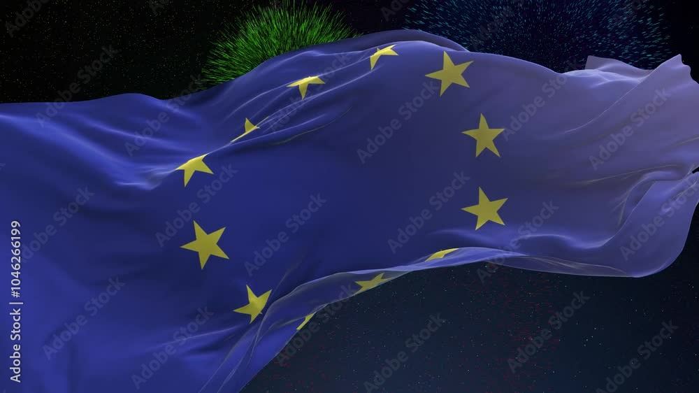 Europe flag - Waving flag on celebrating fireworks for national holiday day. Ceremony for patriotic celebration of nation 