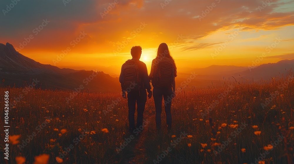 Obraz premium A couple stands hand-in-hand, silhouetted against a vibrant sunset over a vast field of wildflowers and distant mountain peaks.