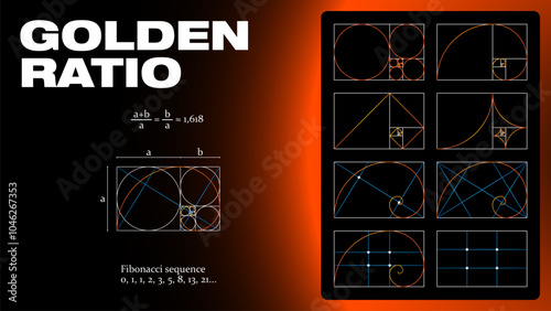 Golden ratio proportions, composition balance. Vector set of geometric shapes, divine Universal meanings. Spiral, grid, fibonacci array for aesthetically pleasing harmony in art, design, architecture