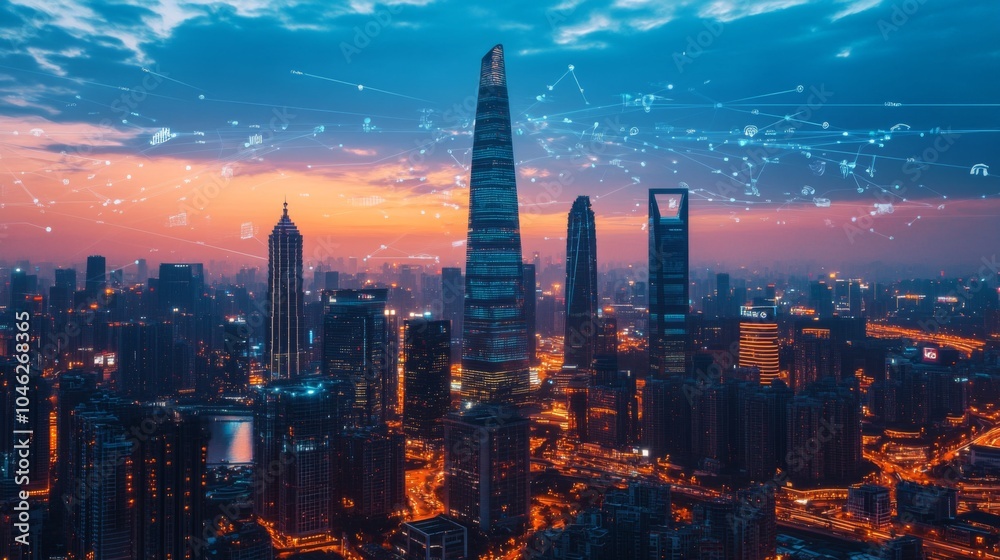 Fototapeta premium A futuristic smart city with towering skyscrapers made of glass and steel, autonomous electric cars, flying drones, and smart homes with integrated solar panels.