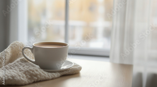 Winter slump concept,steaming cup of coffee sits comfortably on a wooden table next to a soft cloth,with sunlight softly illuminating window nearby,creating a calm atmosphere,copy space