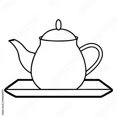 Teapot on Tray Line Art Illustration.