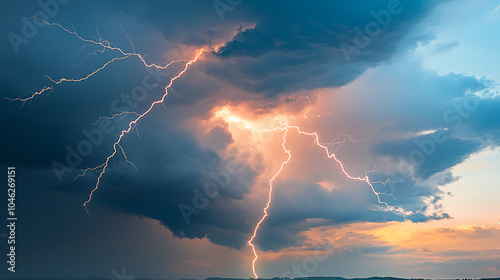 Dramatic lightning strikes amid dark stormy clouds during daytime in a dramatic display of nature's power