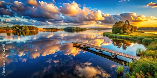 Wallpaper Mural A calm lake with a quaint wooden pier, surrounded by idyllic countryside, showcases stunning cloud formationsâ€”the essence of peaceful nature photography. Torontodigital.ca