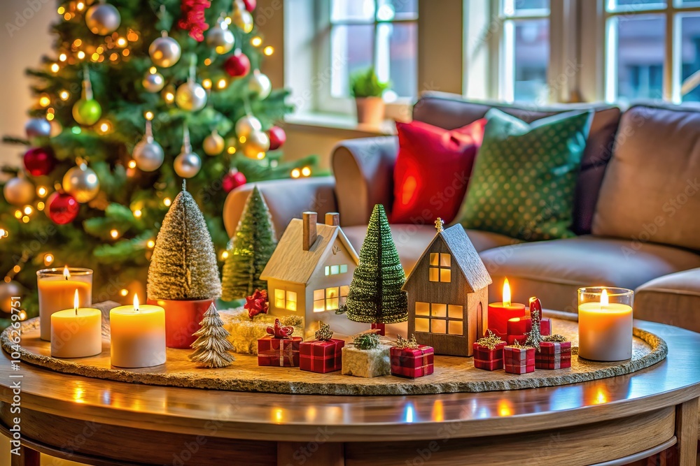 A delightful festive tray featuring houses, trees, and candles enhances the holiday spirit on a chic coffee table in your inviting living room decor. A delightful festive tray featuring houses, trees, and candles enhances the holiday spirit on a chic coffee table in your inviting living room decor.