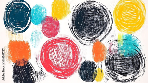 Colorful charcoal strokes and shapes Handdrawn abstract squiggles circles and scribbles created with brightcolored charcoal for artistic projects. created with Generative AI technology photo