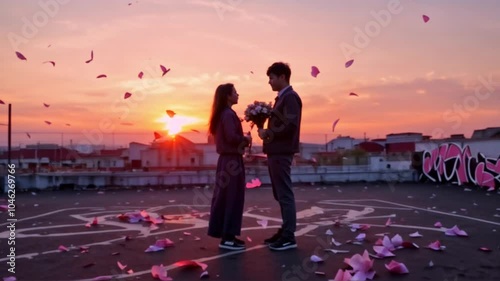 A guy proposes on the roof of a house in the city at sunset, sakura petals falling all around.
