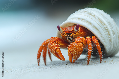 Close-up of a hermit crab, focusing on its shell and tiny legs.