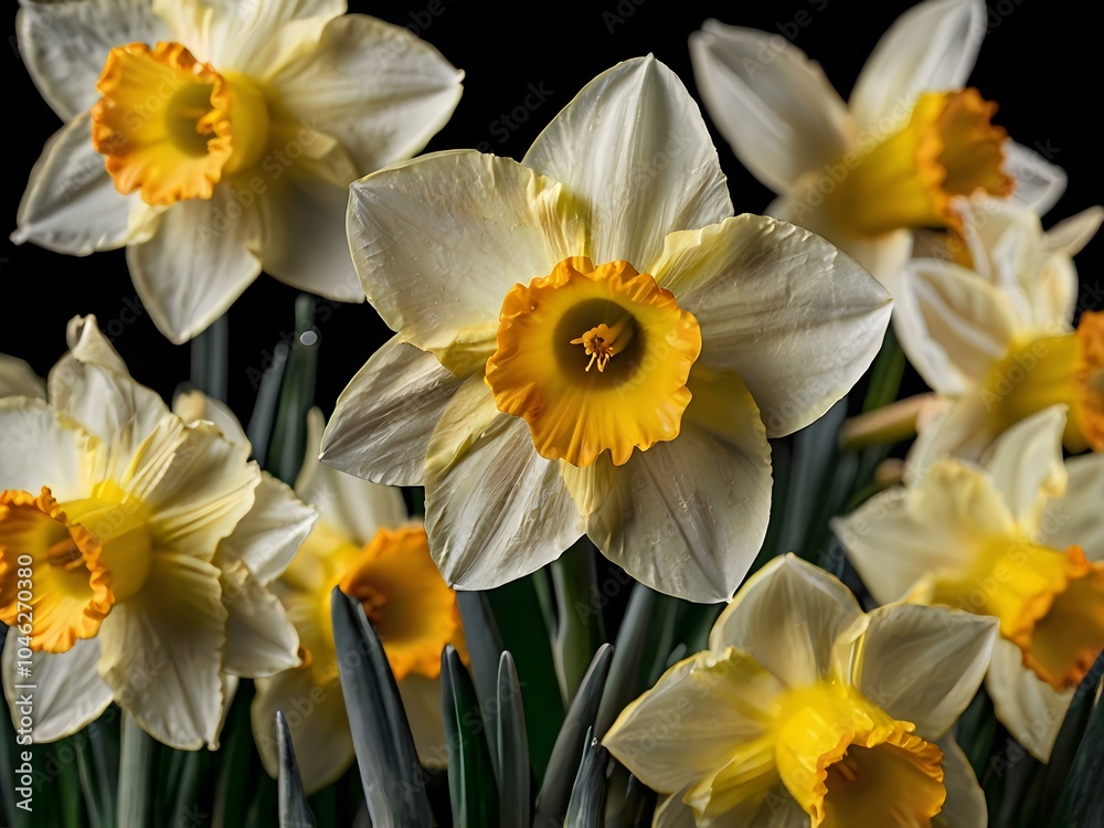 close up photo of white and yellow narcissus or daffodil flowers in a flower garden close up photo of white and yellow narcissus or daffodil flowers in a flower garden