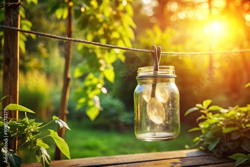 A nostalgic touch: a vintage canning jar hangs suspended on a weathered clothesline. photo