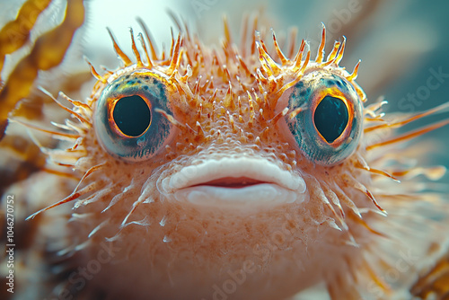 Close-up of a pufferfish, focusing on its spiky texture and expressive eyes. photo