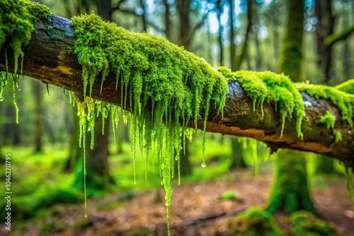 Green slime covering a tree branch in the forest with moss and vines, plants, green trees photo