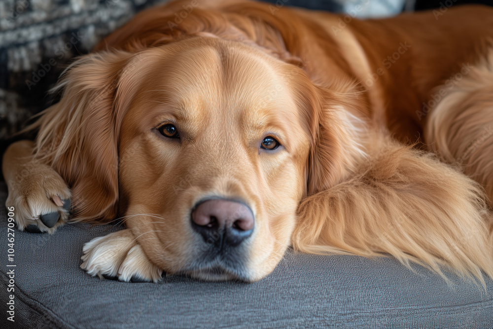 Relaxed Golden Retriever on Couch Close-Up. Relaxed Golden Retriever on Couch Close-Up.