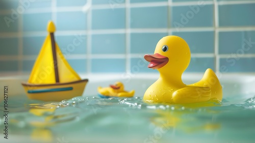 A rubber duck and a toy boat sailing in a bathtub