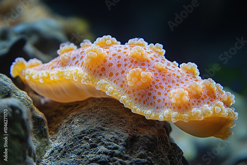 Close-up of a sea cucumber, focusing on its rough texture and elongated body. photo