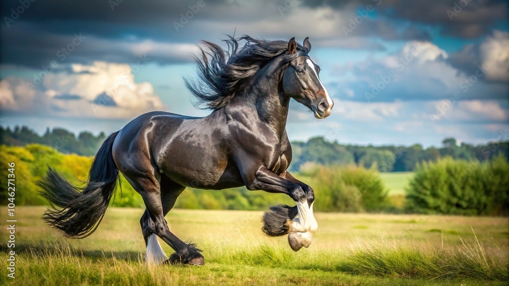 Fototapeta premium High Angle black shire horse galloping in open field