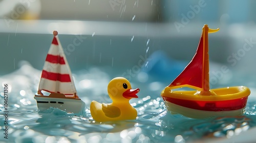 A rubber duck and a toy boat sailing in a bathtub
