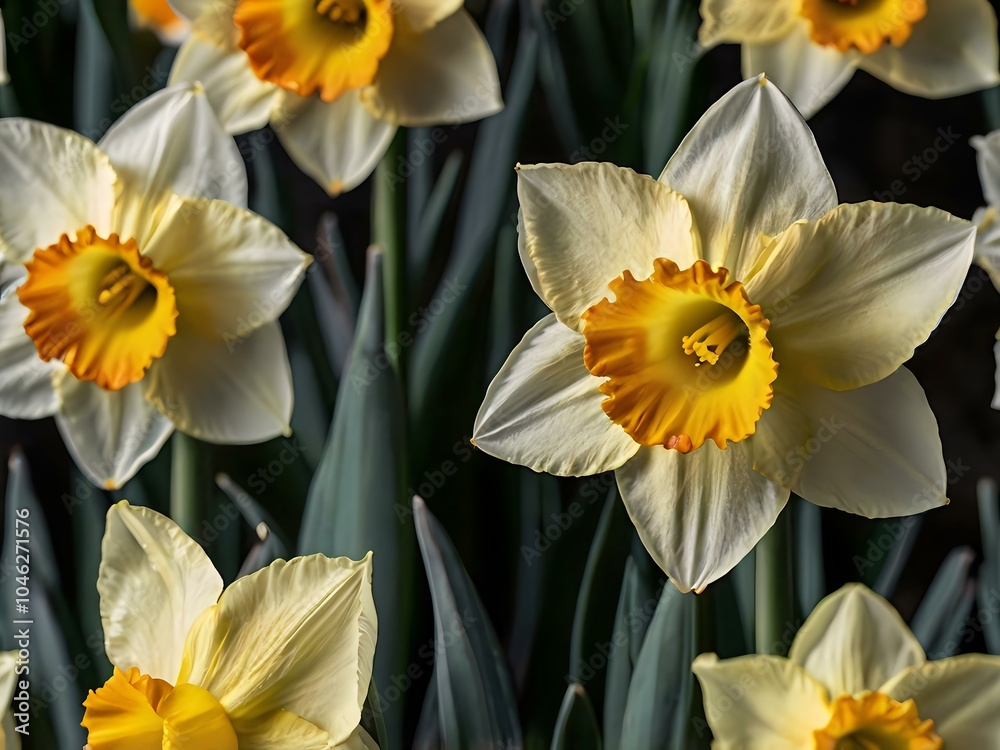 Fototapeta premium close up photo of white and yellow narcissus or daffodil flowers in a flower garden