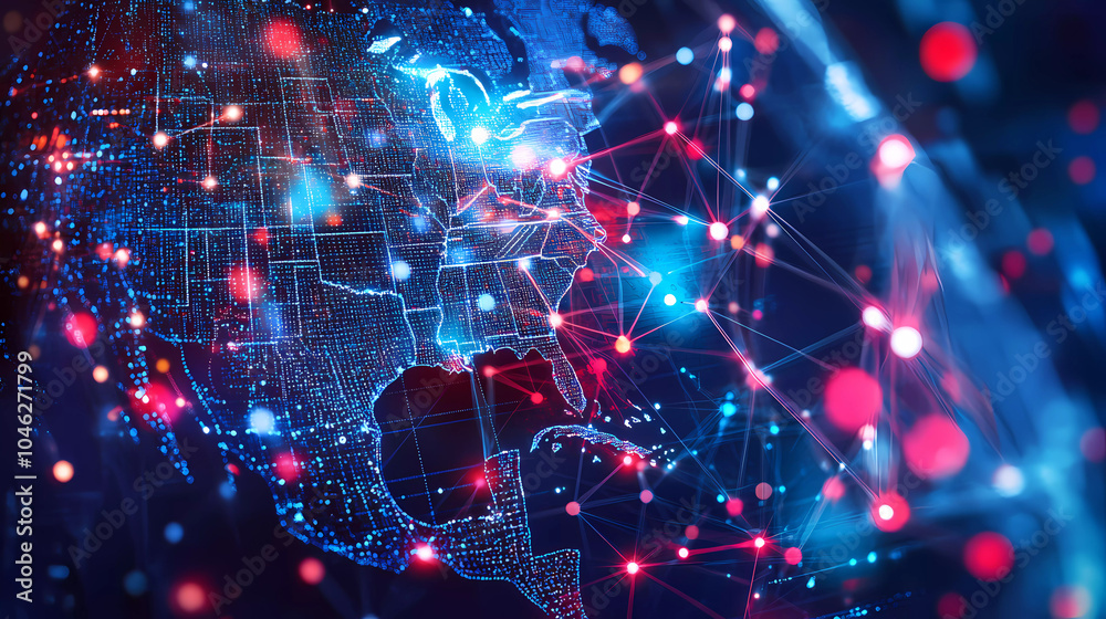 Digital map of USA, concept of North America global network and connectivity, data transfer and cyber technology, information exchange and telecommunication Generative AI Digital map of USA, concept of North America global network and connectivity, data transfer and cyber technology, information exchange and telecommunication Generative AI