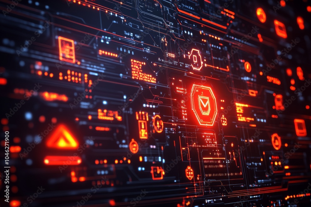 Futuristic Digital Technology Interface with Glowing Symbols and Circuits Futuristic Digital Technology Interface with Glowing Symbols and Circuits