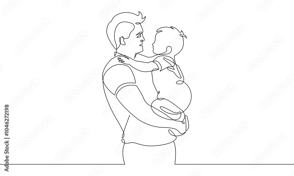 Continuous One Line Drawing of Happy Family. Father and Baby Abstract Single Line Drawing Minimalist Illustration. Happy Father`s Day Vector Illustration