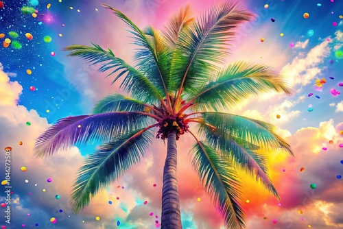 A vivid neon palm tree contrasts against a gentle pastel sky, embellished with multicolored feathers and spirited rainbow sprinkles, evoking a joyful tropical atmosphere.