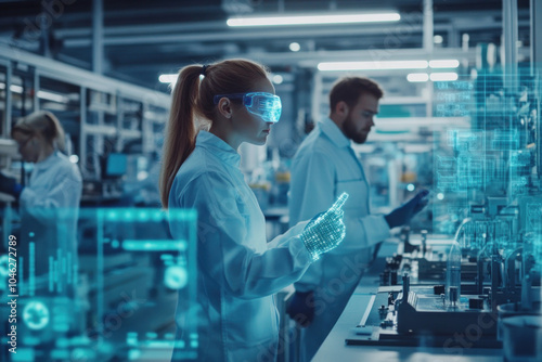 Two scientists in lab coats examining test tubes, one taking notes, the other adjusting equipment. Brightly lit lab filled with shelves of chemicals.