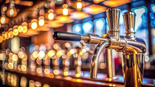 Low-angle view of a beer tap with a blurred background of the surrounding bar, drinkware collection, tap, craft beer equipment, bar setup photo